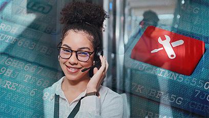 student with headset and large red tool icon button in the background