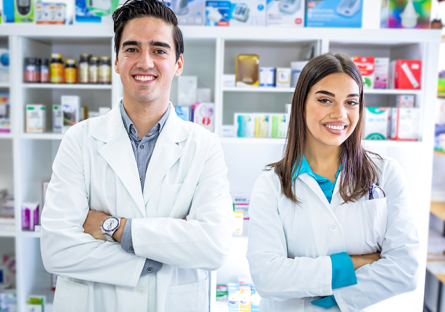 male and female pharmacy technicians in a pharmacy with pills on shelves behind them