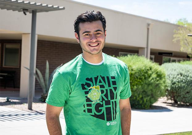 student wearing state forty eight t shirt